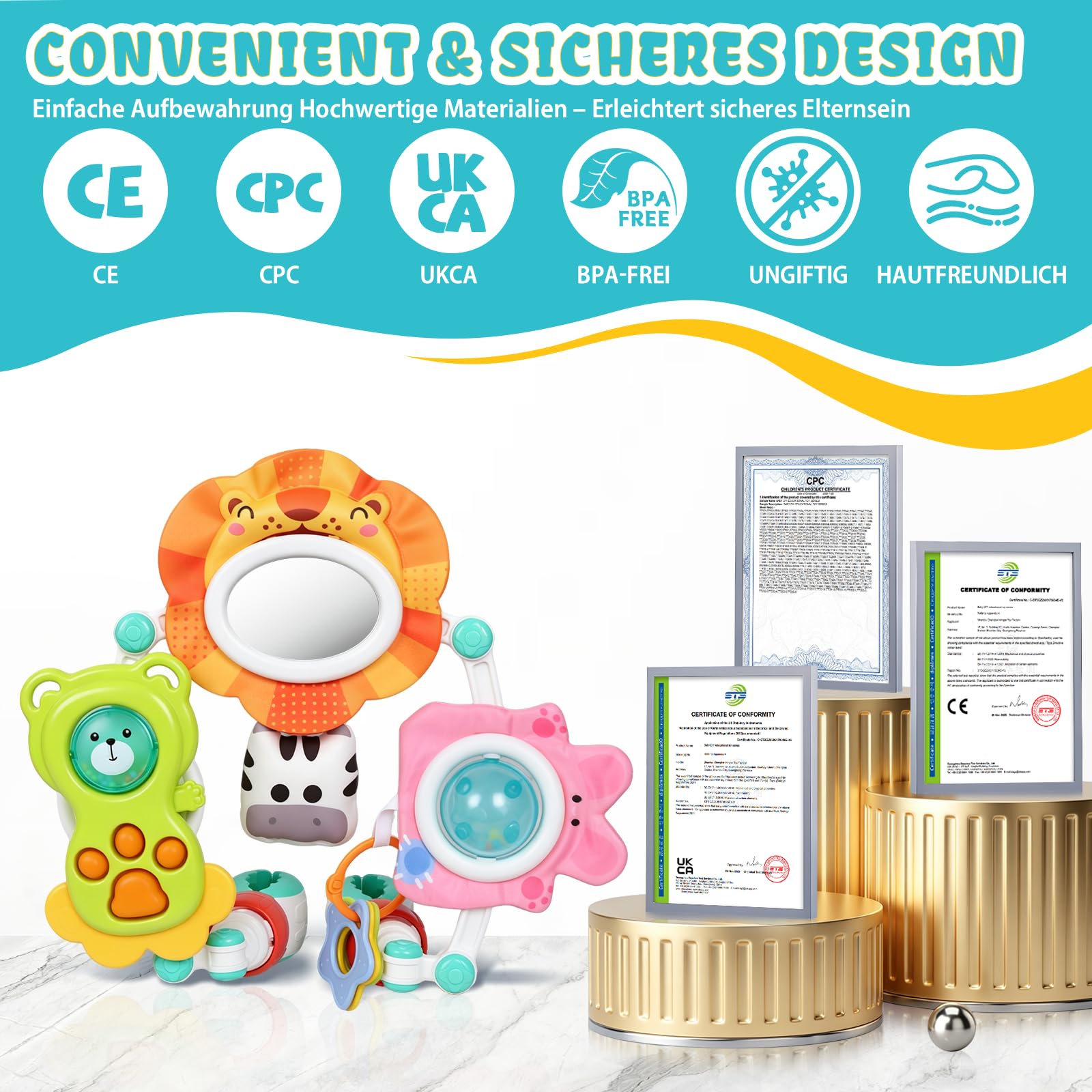 Orzbow Spielbogen Baby, 6-in-1 Kinderwagen Spielzeug Baby mit Sensorik Spielzeug zur Entwicklung motorischer Fähigkeiten, Mobile für Kinderbett, Babywippe & Babyschale für 0-12 Monate, Löwe