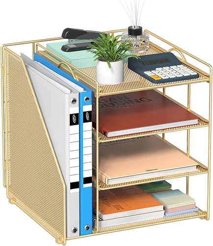 Organizador de archivos de escritorio y accesorios, organizador de papel de 4 niveles con soporte para archivos vertical, accesorios de escritorio