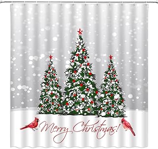 Christmas Tree Shower Curtain Xmas Tree Snowflake Ball Red Star Bird Snowfield Forest Wild Winter Holiday Festival Nature Green Gray Bathroom Home Curtain Decor with Hooks,70" Wx70 H