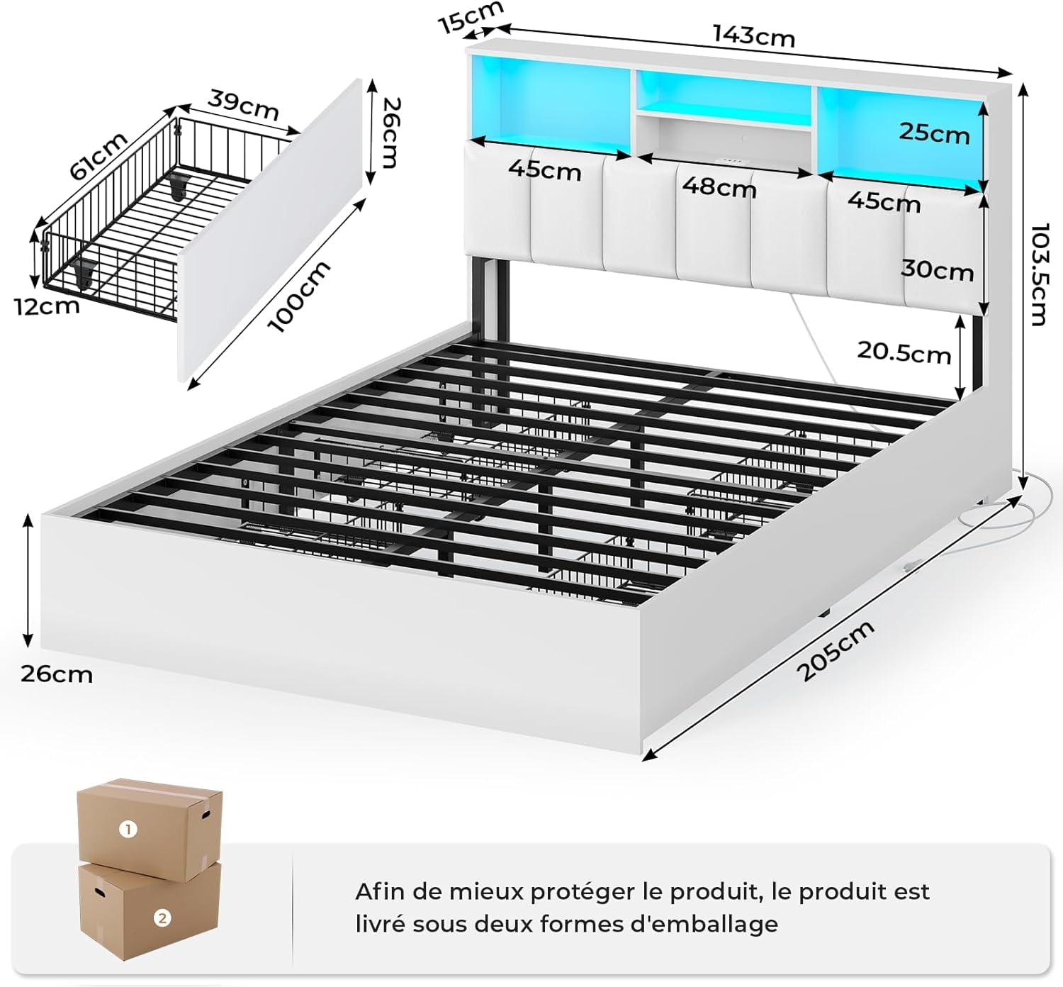 AOGLLATI Letto 140x190 cm con 4 Cassetti Contenitori, Letto Matrimoniale con Illuminazione a LED e Stazione di Ricarica, Struttura Letto con Testiera Imbottita in PU e Vano Nascosto, Bianco