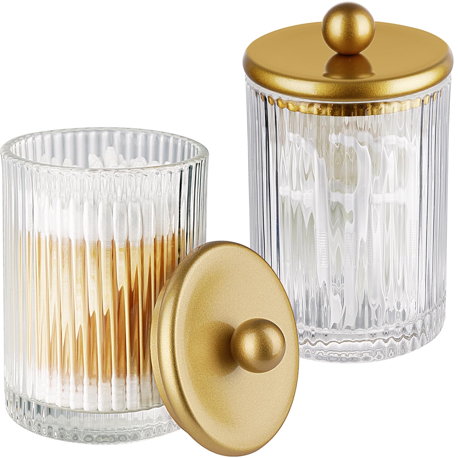 SheeChung 2-Pack Gold Ribbed Glass Qtip Holder - Apothecary Jars Bathroom Organizer with Metal Lids - Countertop Vanity