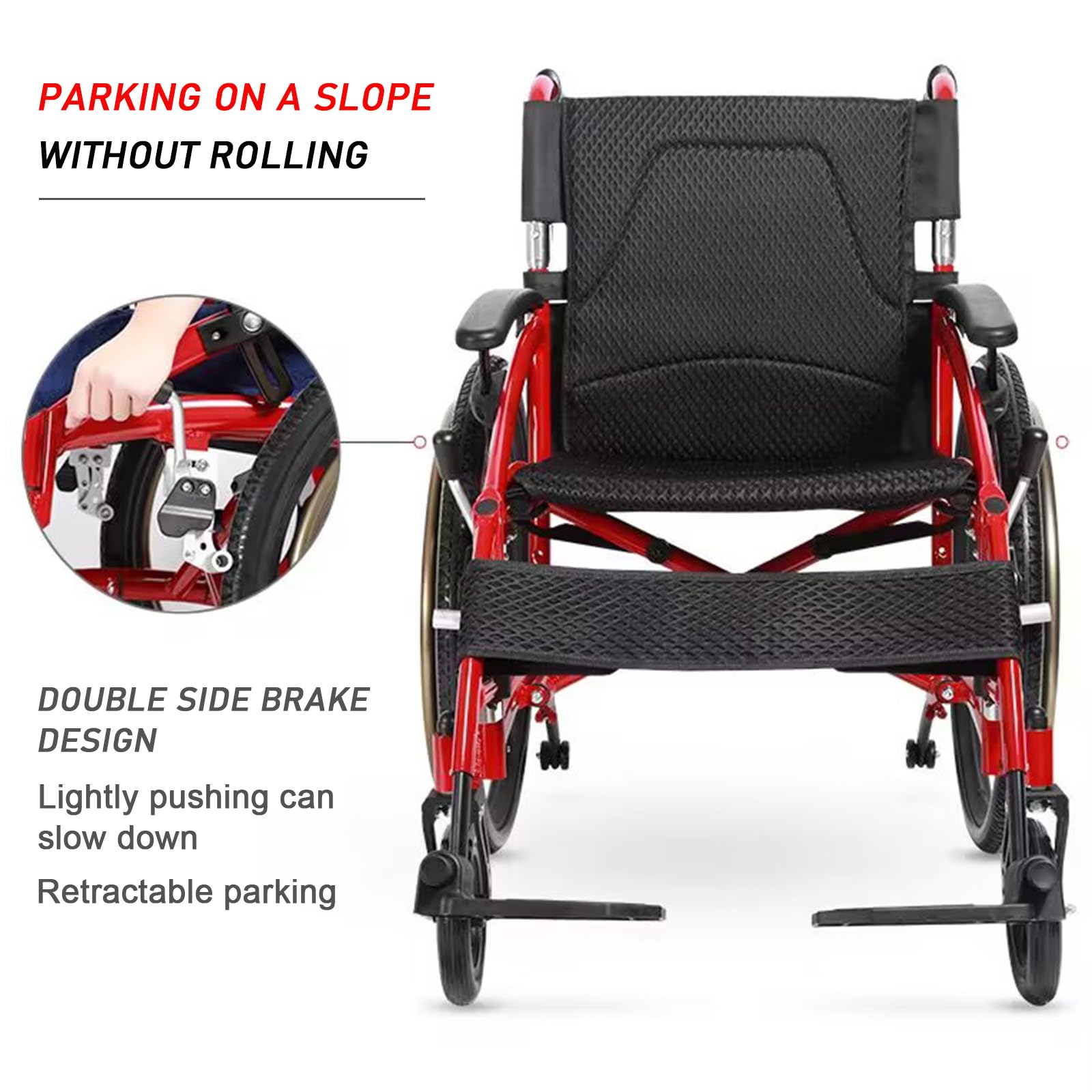 Silla De Ruedas Deportiva Todo Terreno,Silla de Ruedas Plegable Ultra-Ligera de Aluminio con Freno,sillas de Ruedas manuales autopropulsadas,diseño de Doble Freno