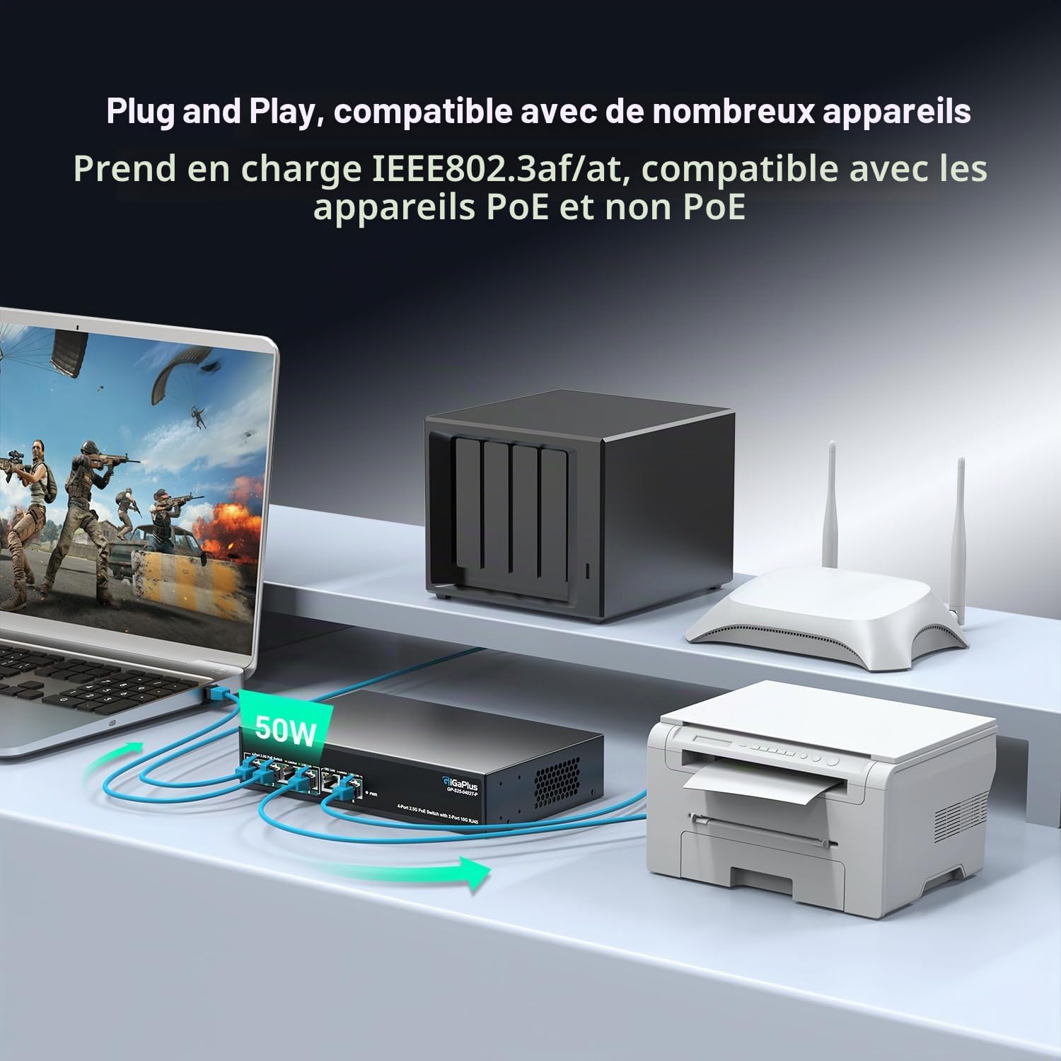 Switch Ethernet PoE Non administrable 6 Ports 10Gb avec 4 Ports PoE 2.5G Base-T et 2 Ports RJ45 10G. Capacité de Commutation de 60Gbit/s. Switch réseau GiGaPlus 10Gbit/s pour NAS/PC 2.5G/10Gbit/s