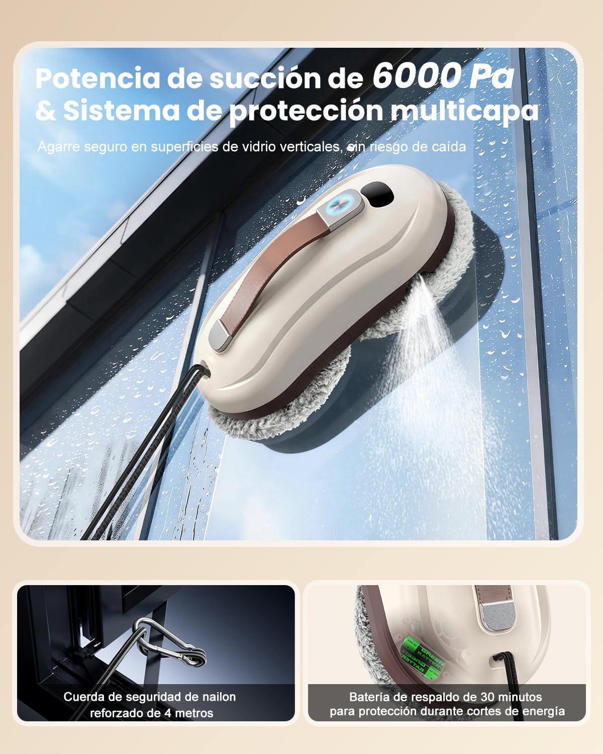 Robofun Robot limpiacristales, Limpia Cristales Eléctrico Ventanas 6000Pa | Doble Sistema de Pulverización, Depósito 100ml, Múltiples Sistemas de Seguridad para Limpieza Automática De Ventanas