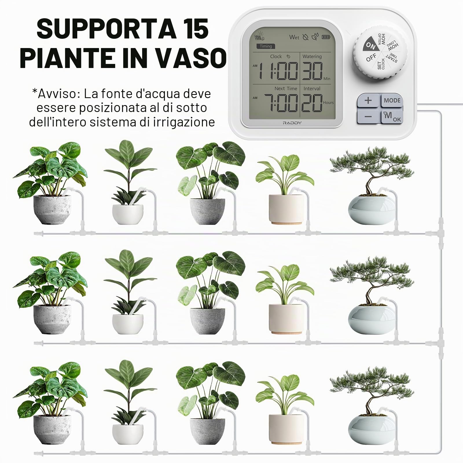 Raddy WS-7 Irrigazione automatico solare, Sistema di irrigazione per 15 piante in vaso, Rilevamento automatico dell'umidità del terreno, 2600 mAh batteria, IPX7 per interni ed esterni, balconi