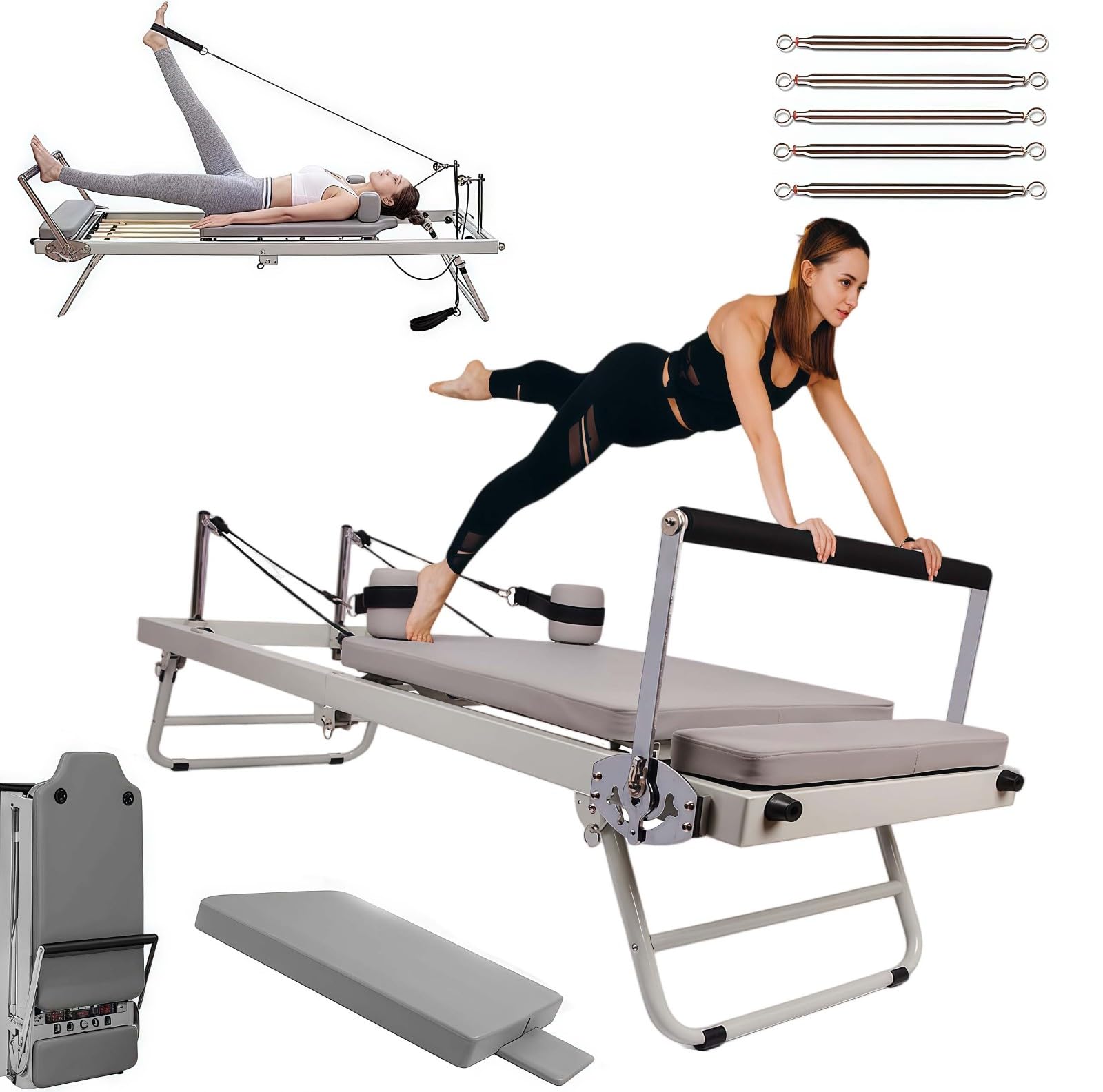 Pilates Reformer, składany sprzęt do ćwiczeń domowych, wielofunkcyjny trening siłowy, nośność do 136 kg