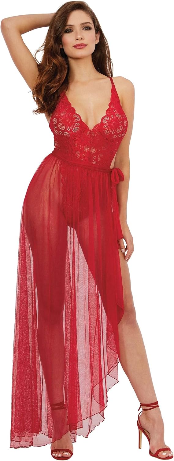 Dreamgirl Women's Sexy Fashion Lingerie Mosaic Stretch Lace Teddy & Sheer Skirt Set Rouge Medium