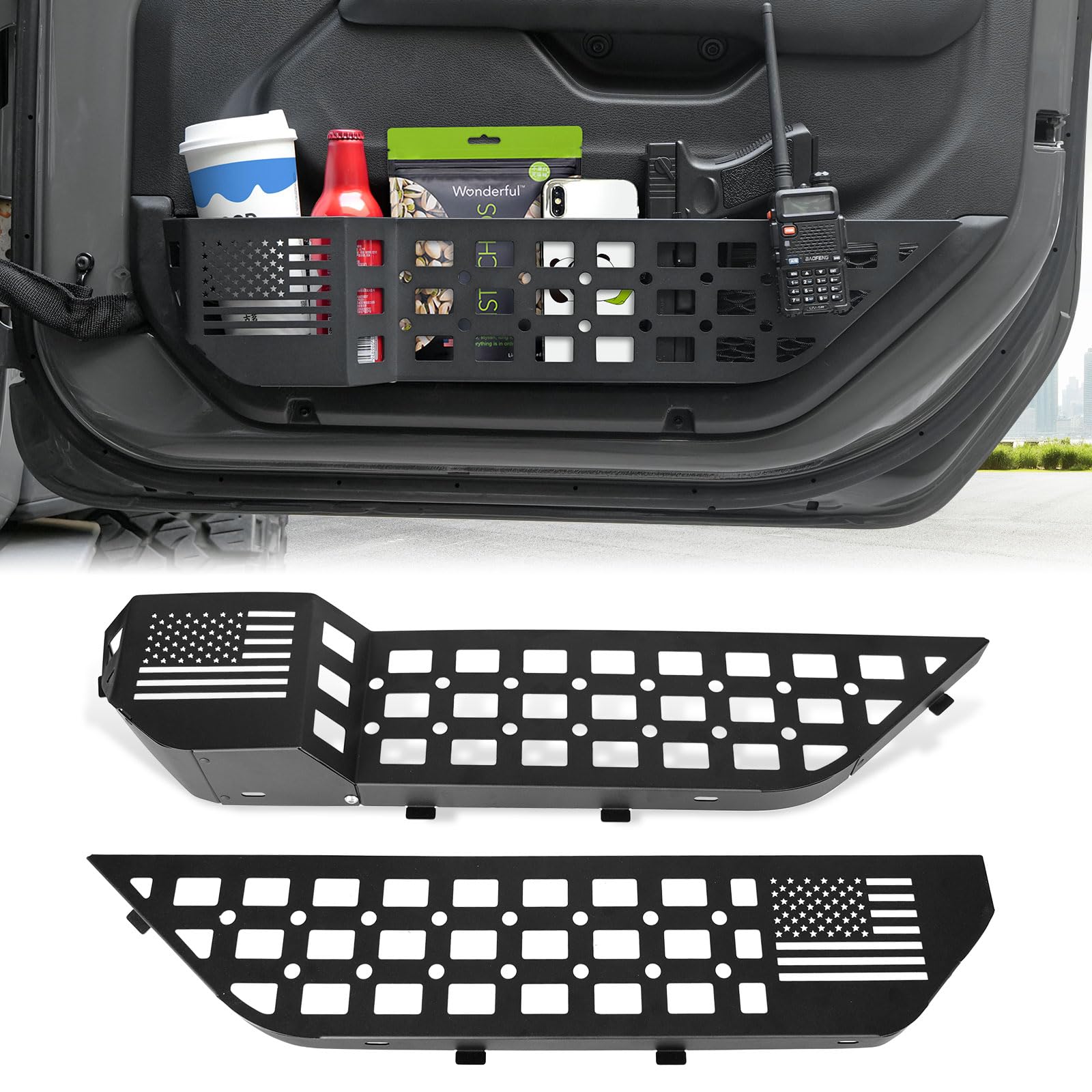 MAIKER Metal Front Door Storage Box, Door Side Insert Organizer Box Pockets for Replace Sagging Nets Compatible with 2018-2024 Jeep Wrangler JL JLU 4XE & 2020-2024 Gladiator JT(Black)