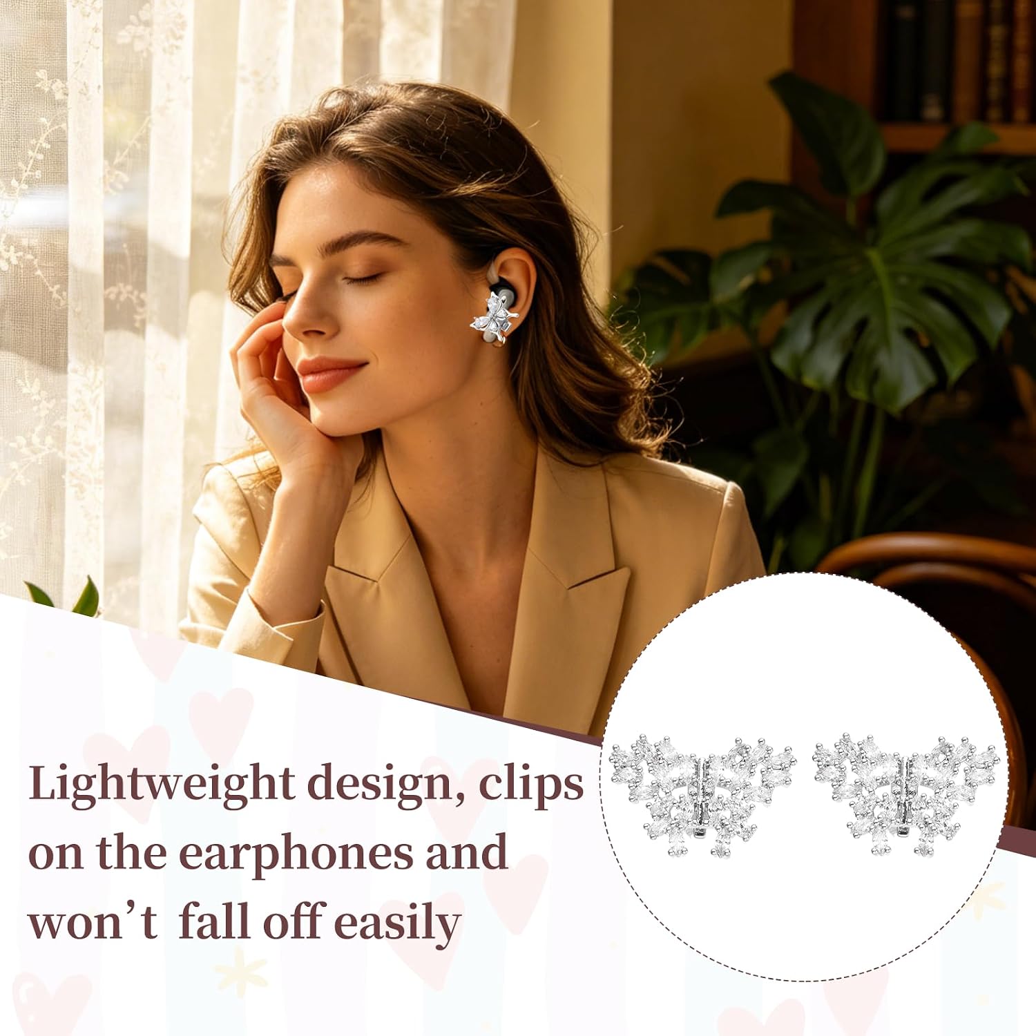 Clip on Earbuds Open Ear Accessories - Silver Diamond Wings Lightweight Elegant Clip on Decorative Earphone Accessories for Wireless Earbuds, Removable Exquisite DIY Decoration image 5