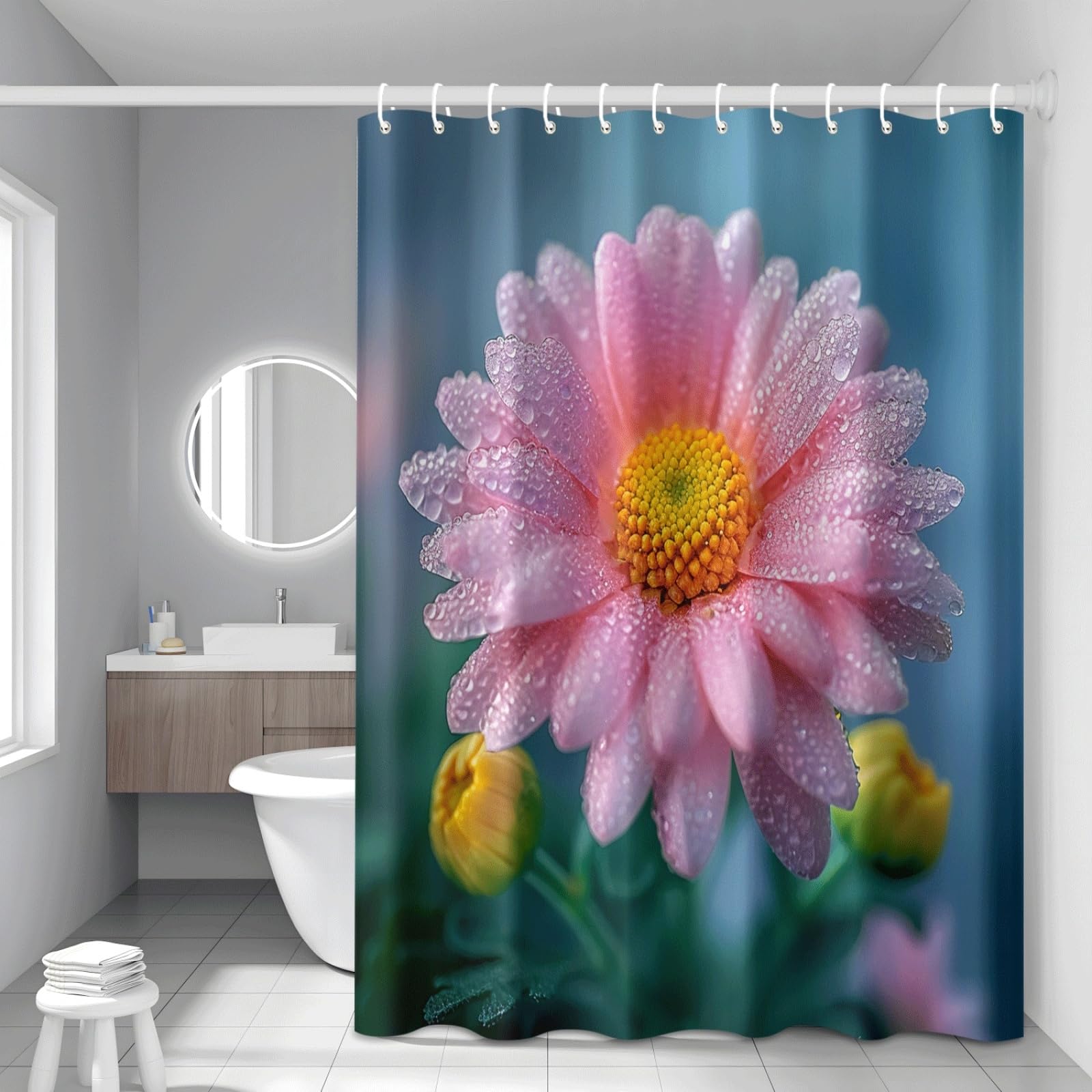 Shower Curtain Orange Pink Mould Resistant Shower Curtains for Bathroom Washable Polyester Bathroom Curtains Decor Wet Room Quick Dry Anti Mould Bath Curtain with 12 Hooks 120x180cm