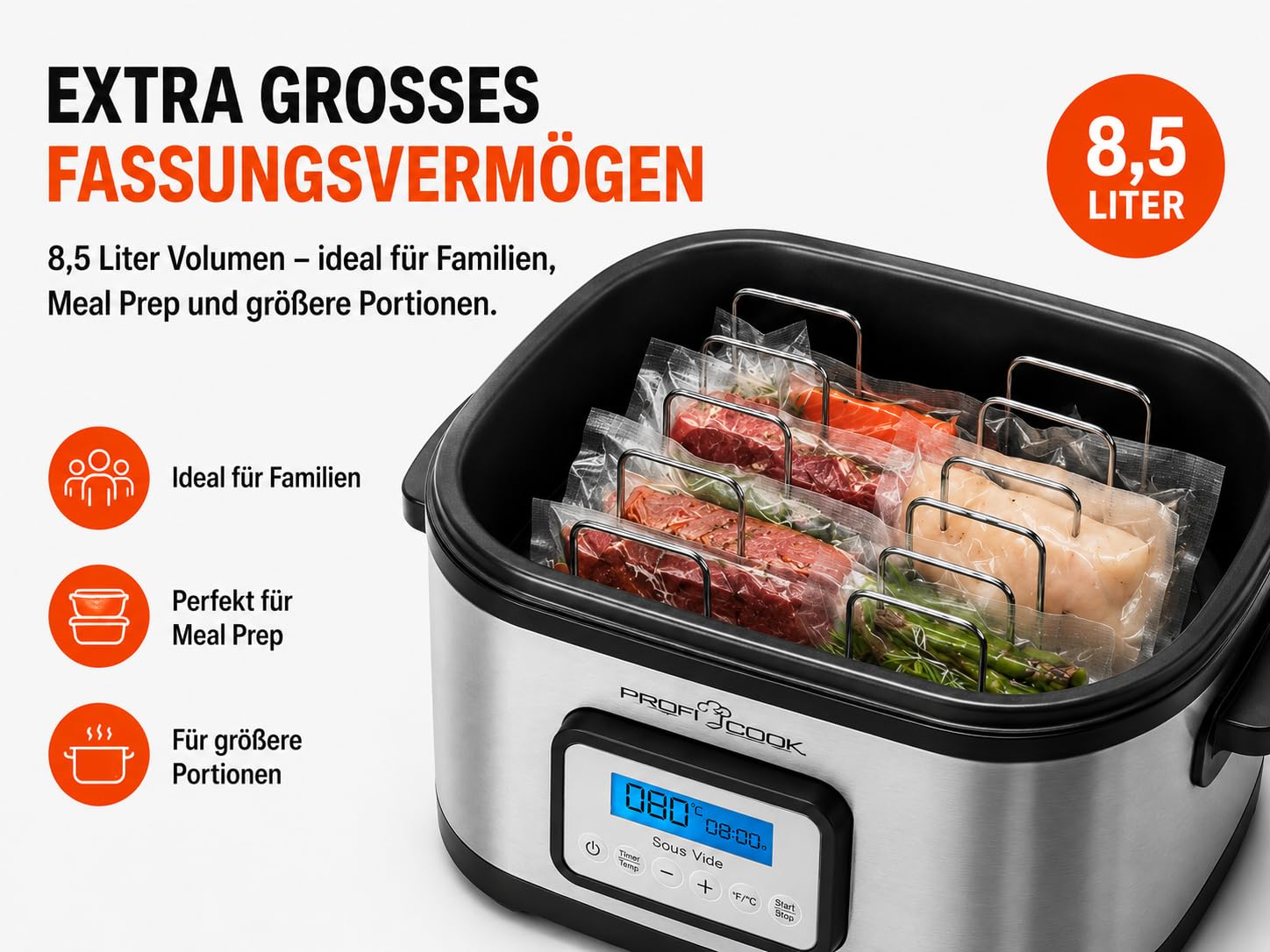 ProfiCook Sous Vide Garer | 8,5L Fassungsvermögen | PC-SV 1112 | Punktgenaues Garen, 72-Std.-Timer, Schongarfunktion, Joghurtmaker-Funktion, Warmhaltefunktion