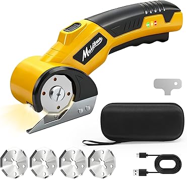 Mulctun Electric Box Cutter with 4 Safety Blades,Storage Bag,Cardboard Cutter with Safety Lock,Led Light,4V 2000mAh Cordless Electric Scissors for Carton Carpet Fabric LeatherYellow