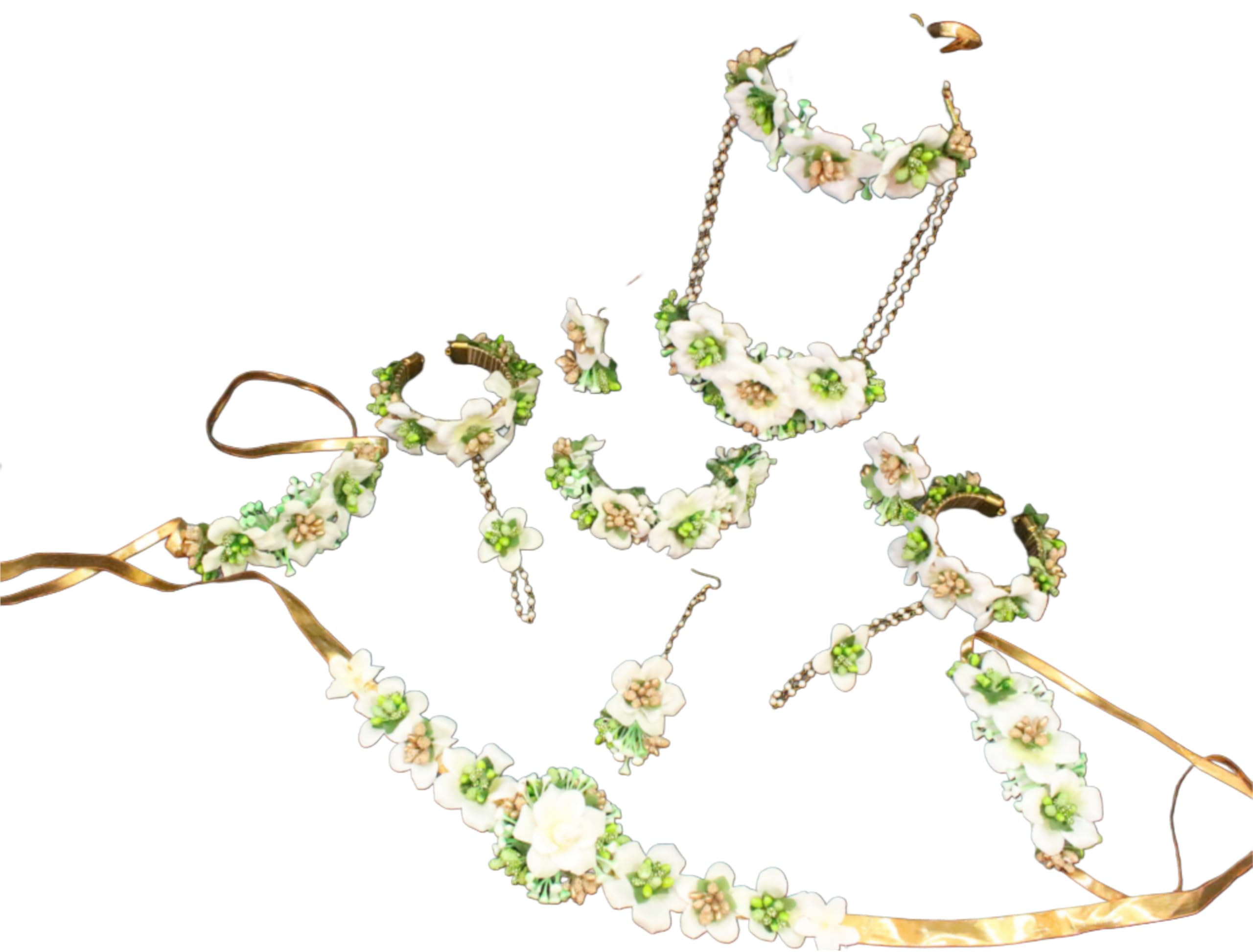 Elegant White and Green Artificial Floral Jewelry Set for baby shower, Mehndi, and Bridal Occasions-image-23