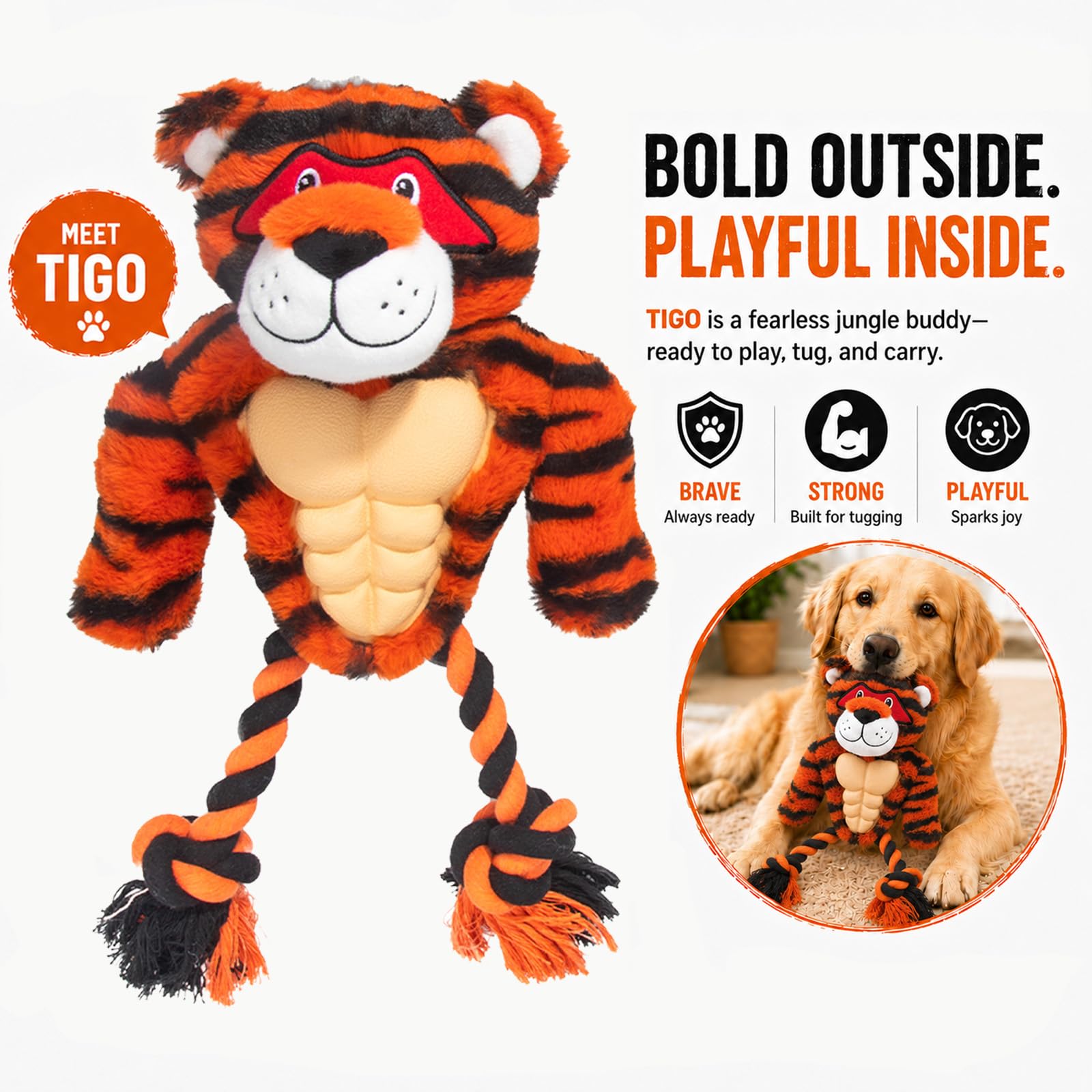 Juguete de cuerda chirriante de tigre de peluche, razas de perros pequeños y medianos, juguete de peluche interactivo duradero para masticadores agresivos, dentición de cachorros, ejercicio,
