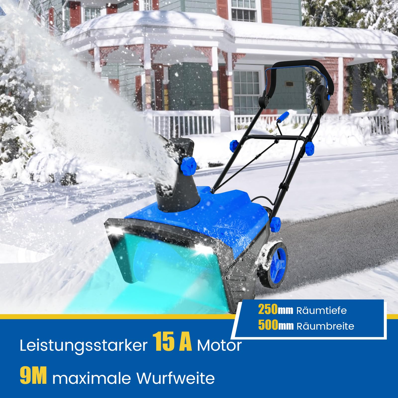 COSTWAY Elektro-Schneefräse 2300W mit LED-Leuchten & 15 A Motor, 50 cm Arbeitsbreite, 25 cm Arbeitshöhe, kabelgebundene Räumungsmaschine mit 180° drehbarer Rutsche & 9 m Wurfweite (Blau)
