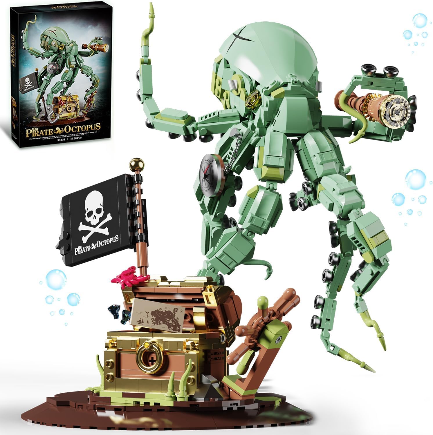 Pirat Oktopus Klemmbausteine für Erwachsene, Steampunk Technik Meeresungeheuer mit Schatztruhe, Beweglicher Modellbausatz, Kompatibel mit Lego, Männer und Frauen 14+(1128 Teile)