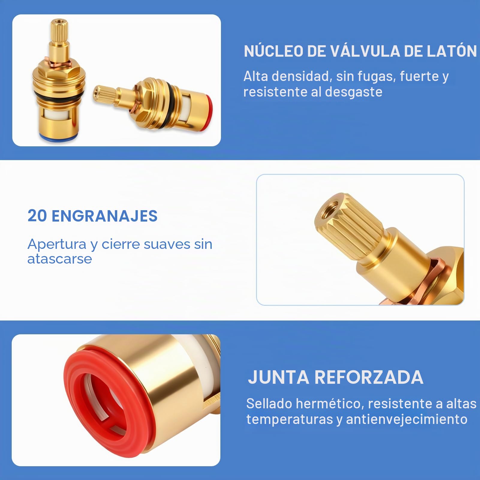 2 Piezas Cartucho Cerámico Grifo 20 Dientes G1/2, Válvula Grifo 1/4 Vuelta, Cabezal Disco Cerámico Latón Repuesto para Grifos Agua Caliente y Fría, Antigoteo Duradera para Baño, Cocina, Lavabo, Ducha