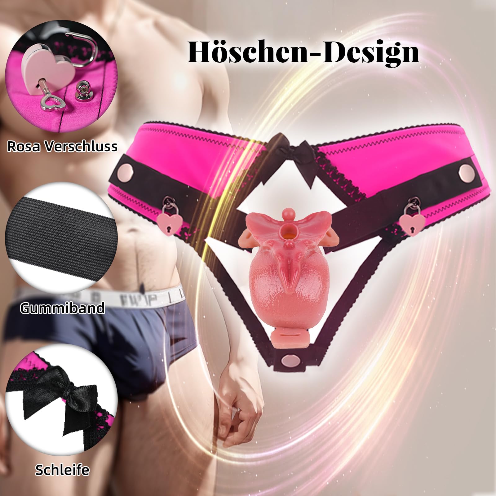 Gabbia Castità con Vagina Artificiale e Mutandine di Bloccaggio Crossdresser in Silicone con Cinturino per Giocattolo Sessuale per Uomo Masturbazione (pink)
