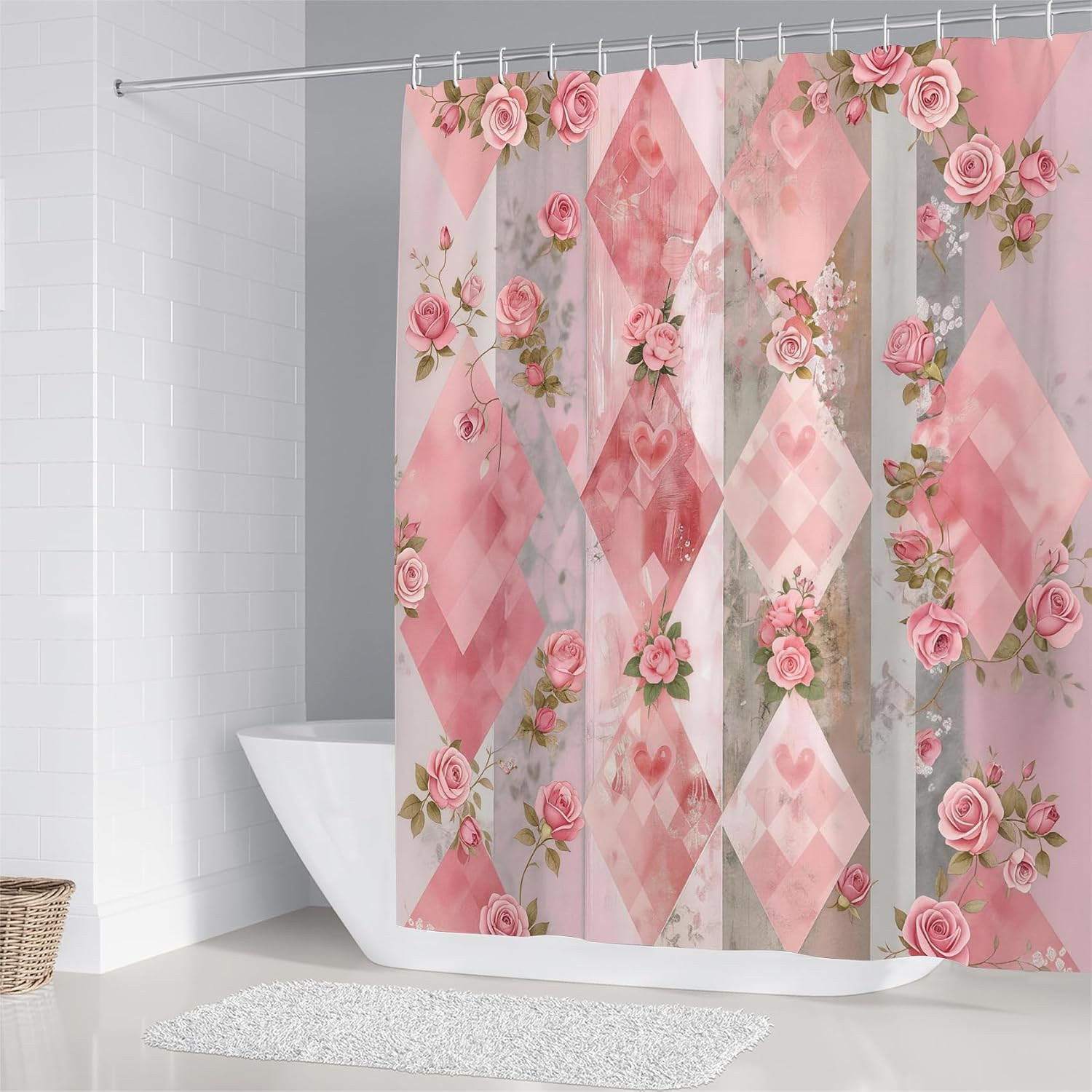 LQCOOL 4pcs Pink Rose Shower Curtain Set Bathroom Set with Rugs image 5