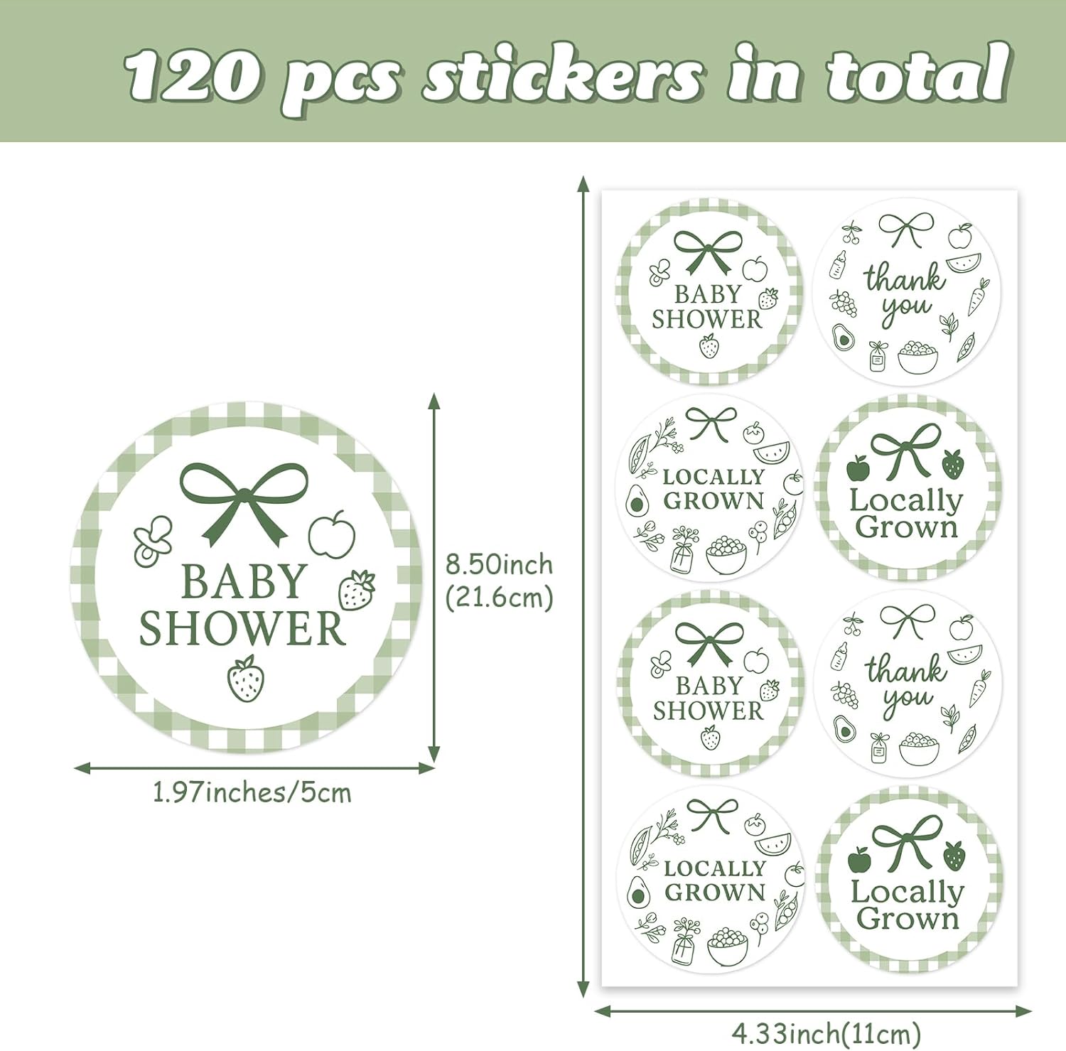 120pcs Locally Grown Thank You Stickers,Round Minimalist Green Line Bow Design Sticker Labels for Farmers Market, Farm Fresh Theme Gift Wrapping Handmade Favors for Baby Shower,Wedding Party Supplies