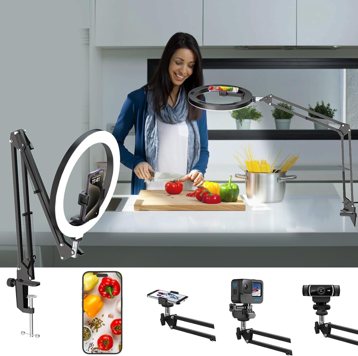 Overhead Camera Mount with 10″ Selfie Ring Light and Phone Holder for Desk,Phone Mount Arm Stand with Remote for iPhone,Overhead Tripod for Video Recording Vlog TikTok Live Stream Cooking Laptop
