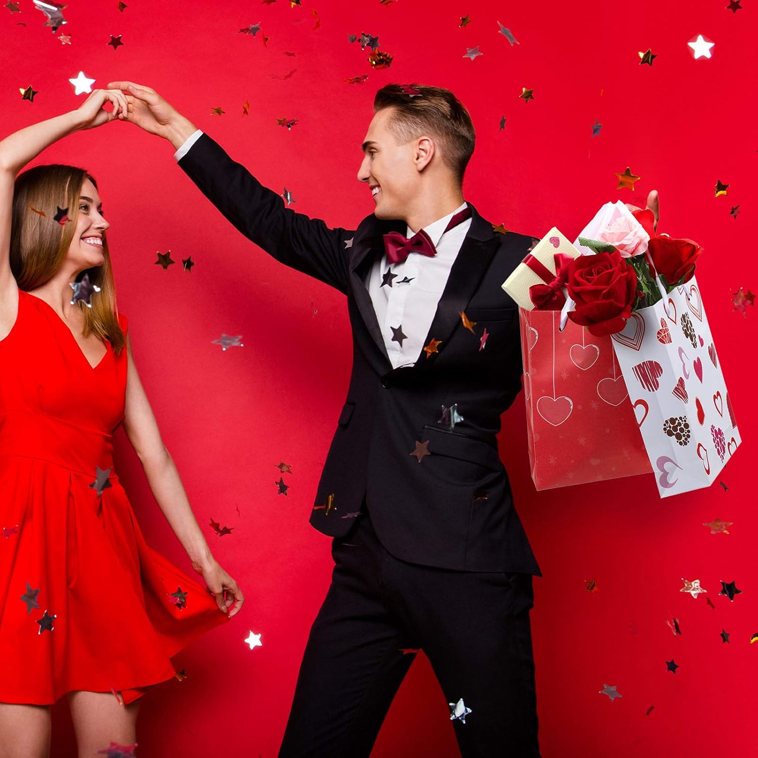 Zonon 24 Pieces Valentines Day Paper Gifts Bags Kraft Party Hearts Kiss Love Treat Goodie Bags with White Handles for Valentines Wedding Party Supplies, 7.9 x 6.3 x 2.4 Inch, 8 Styles - Image 5