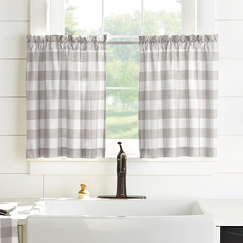 Elrene Home Fashions Farmhouse Living Buffalo-Check Juego de cortinas de dos niveles para baño o cocina, 30" x 24" (Juego de 2 niveles), GrisBlanco