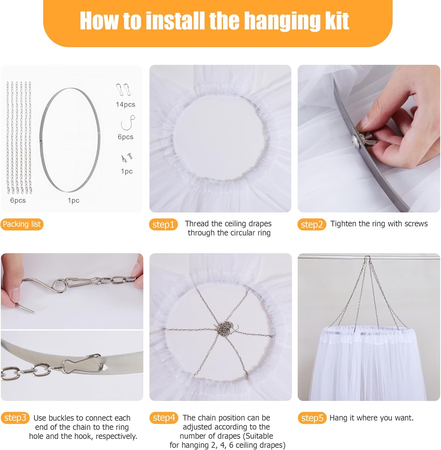 24″ Ceiling Drapes Hanging Kit for 6 Panels Wedding Ceiling Drapes Canopy Hoop Metal Ring Ceiling Hanging Decor Hardware Kit for Draping Fabric Indoor Outdoor Party Ceremony Ceiling Decorations
