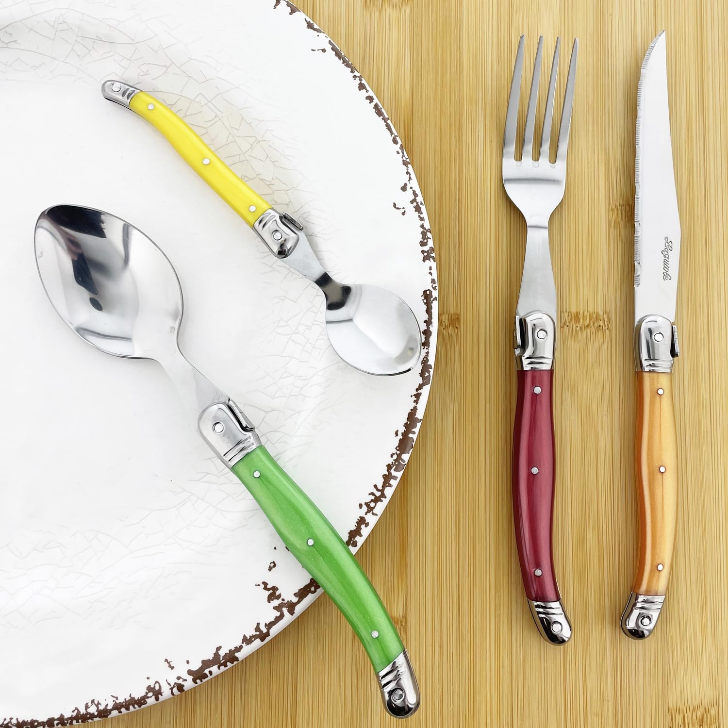 Pradel Excellence - I7214P - Ménagère Laguiole 24 Pièces - 6 Couteaux, 6 Fourchettes, 6 Cuillères à Soupe, 6 Cuillères à Café - Lames Inox - Manches ABS Pastel - Coffret Bois Élégant