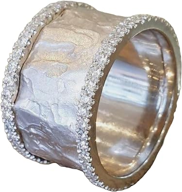Silver Plated Italian Brushed Wave Ring 11mm Wide Asymmetric Design Zircon Accent Statement Band Ring