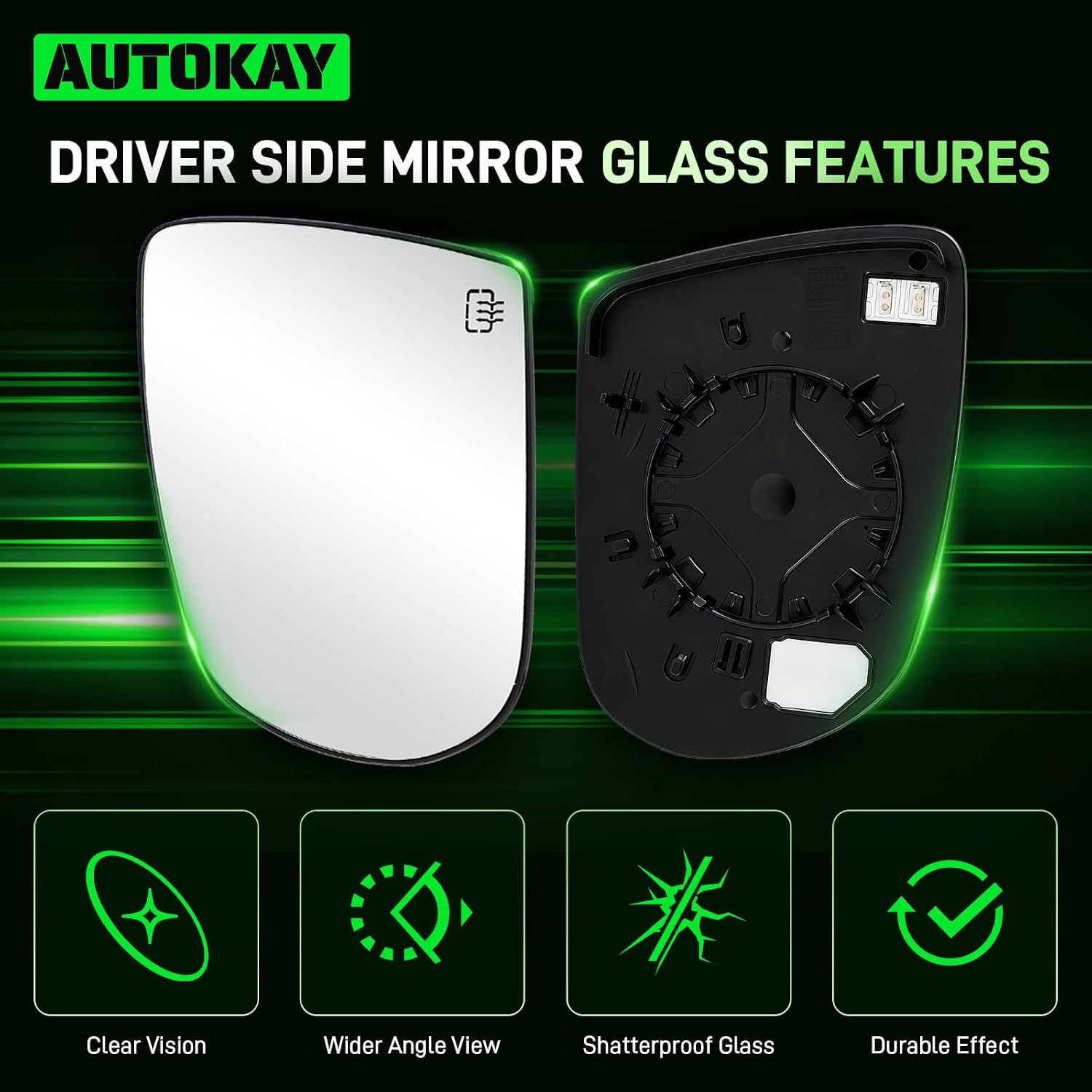 AUTOKAY Left Driver Side Mirror Glass with Heated Fits for Jeep Cherokee 2014-2019, Jeep Compass 2017-2021, Driver Side Mirror Replacement Exterior Rearview Mirror Replaces 68228913AA