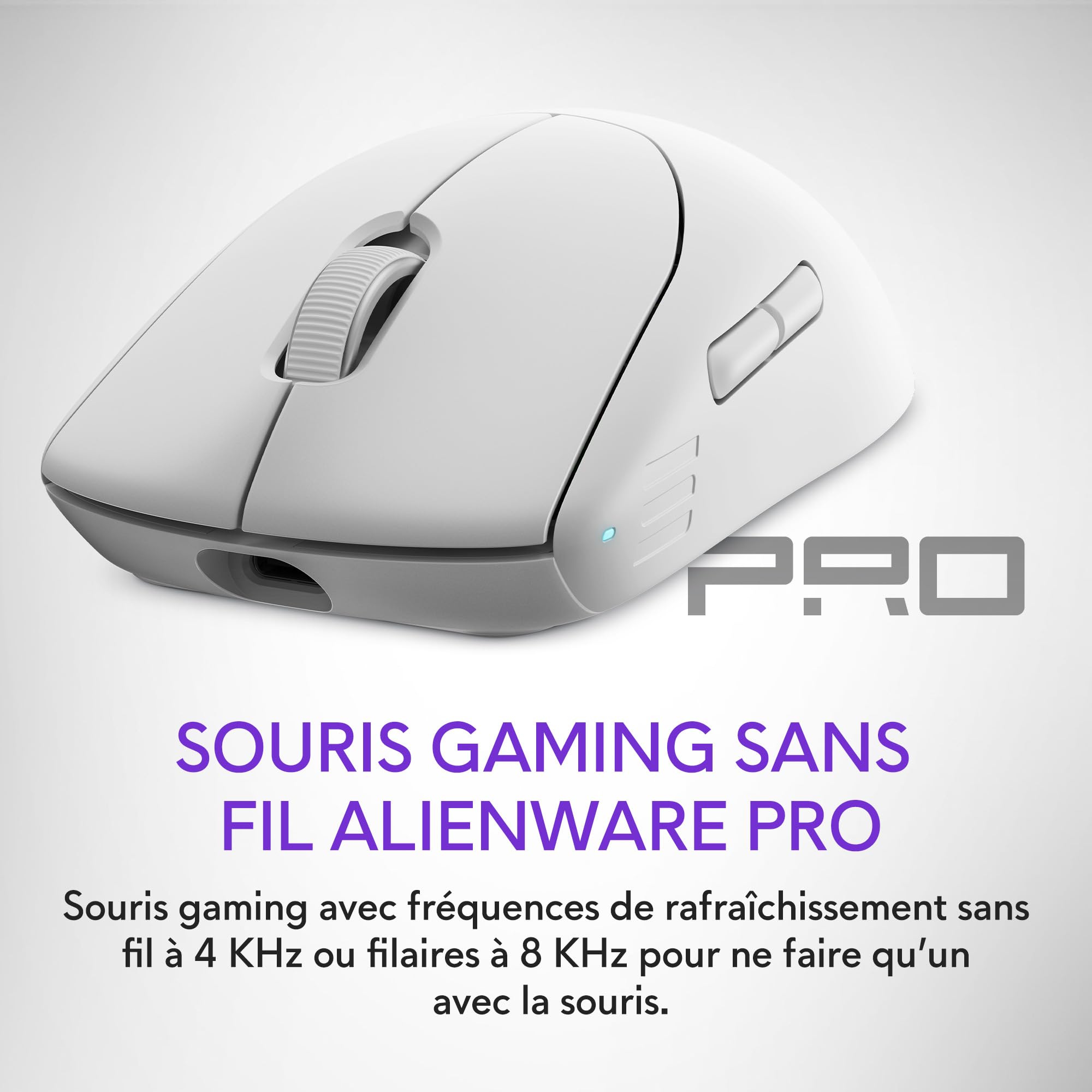 Alienware Pro Souris Gaming Sans Fil, réponse 4 KHz, commutateurs optiques magnétiques, ultralégère <60 g, 120 h d’autonomie, capteur 26 000 PPP, Lunar Light