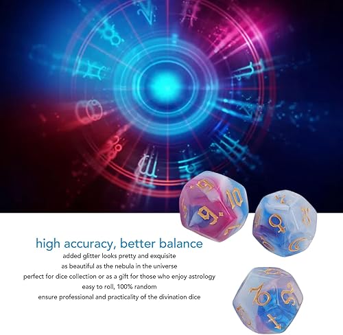 Miniatura 3 de Yhedral - Juego de dados (3 piezas) para DND, juego de dados astrológicos de 12 lados con purpurina, fácil de leer para juegos de mesa (azul)