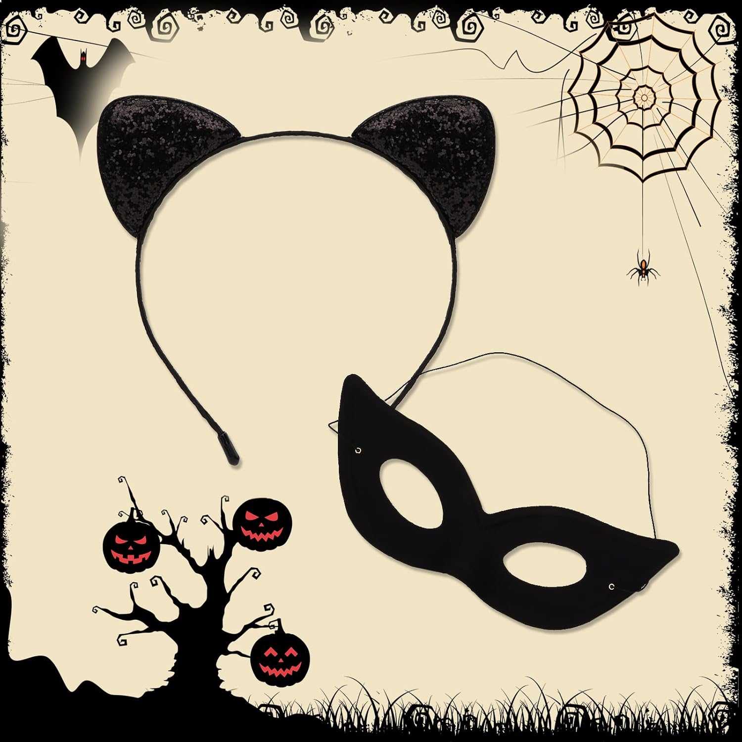 Cat Ears Headband and Mask Set, Black Cat Hairband Mask Costume Birthday Party Decoration, Party Favors Halloween Accessories for Adult - Image 3