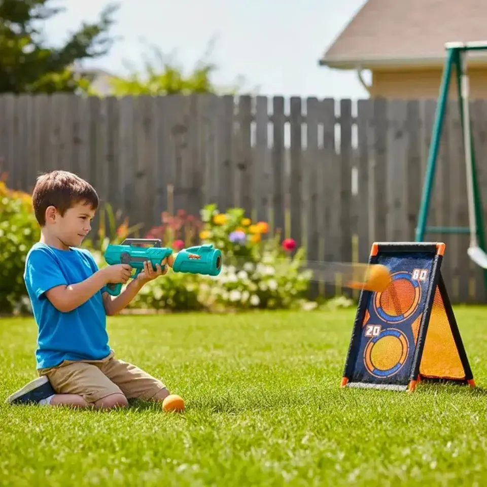 Brinquedo Lançador Air Ball com Alvo + 12 Bolinhas EVA | Jogo Tiro ao Alvo Infantil Mira Certa | Pistola de Bolinhas com Redinha | Brinquedo Educativo Zoop Toys