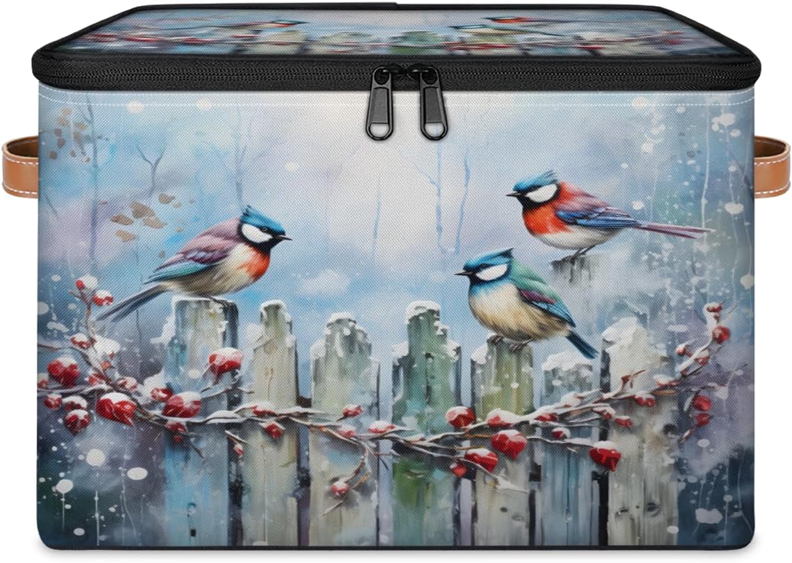 Storage Bin Set of 2 Winter Birds Storage Basket with Zipper Lid & Handle Foldable Closet Shelf 2 Pack Cloth Organizer Basket Cube Bins Clothes Organizer for Nursery, Bedroom