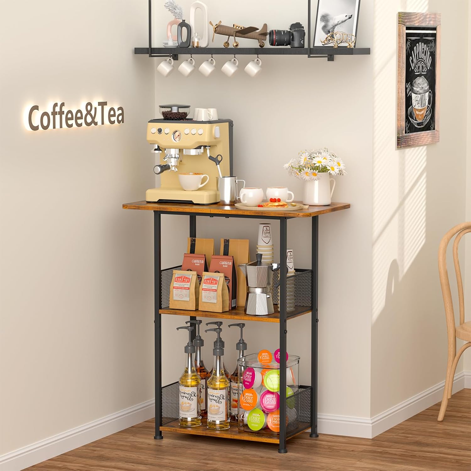 Jsskeeim Mini Floor Standing Coffee Bar Shelf,3-Tier Small Coffee Table,Corner Farmhouse Coffee Bar Cabinet;Dining Room, Living Room-Capsules,Coffee Maker(Brown+Black)