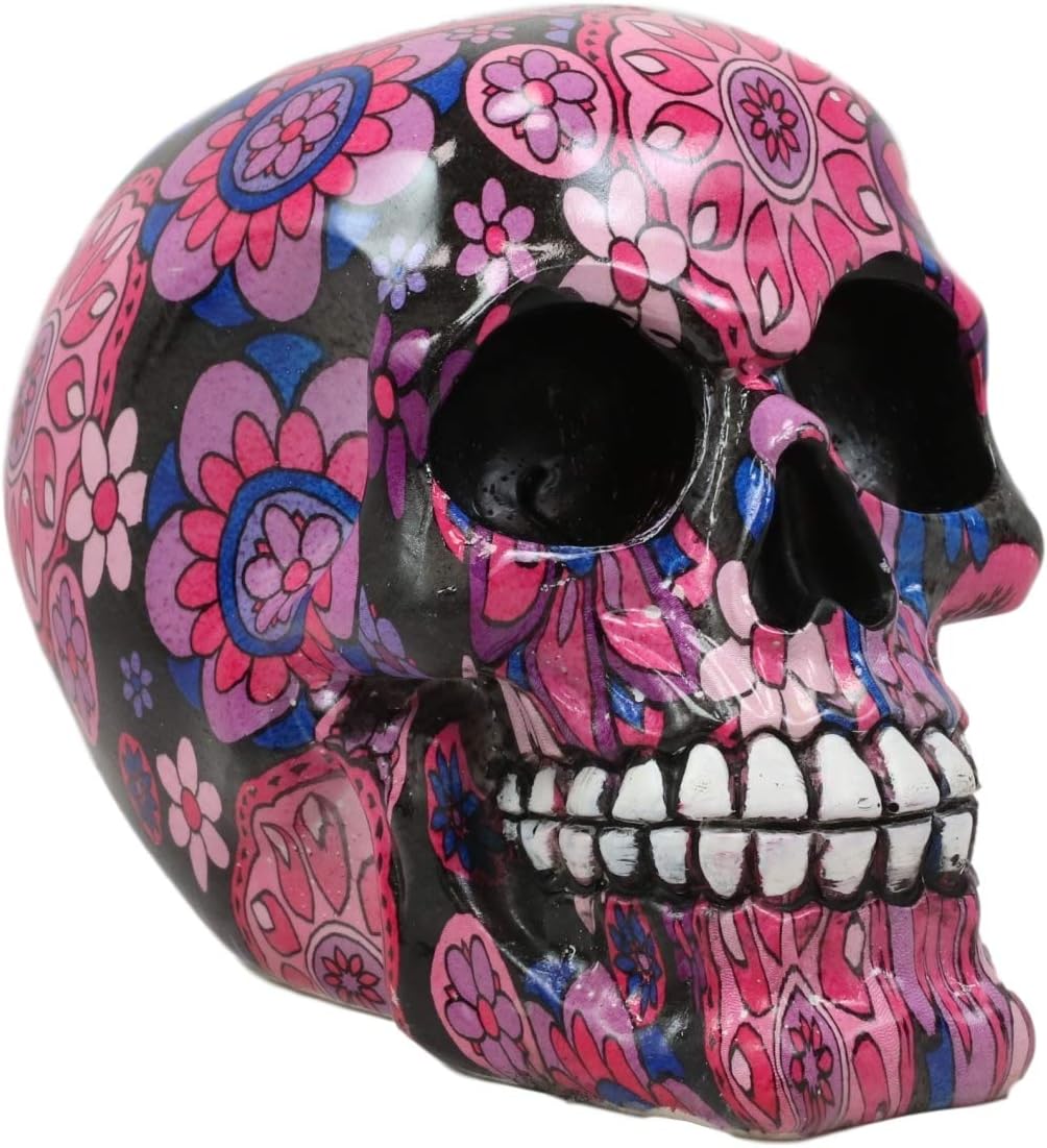 Ebros Gift Day of The Dead Fuschia Pink Metronome Floral Tattoo Sugar Skull Statue As Decorative Halloween Prop Gothic Haunted Themed Skeleton Cranium Figurine