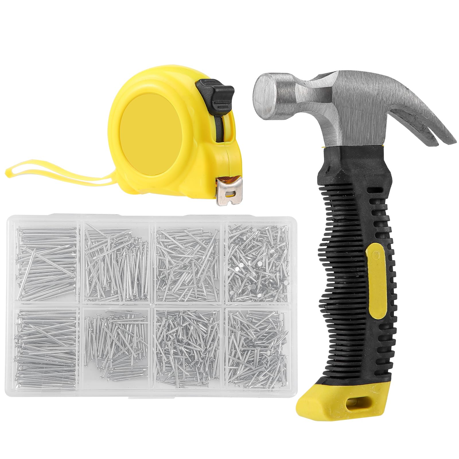 900 juegos de clavos y cinta métrica, Martillo de Carpintero Mini 282g, Juego de herramientas de carpinteria, Ideal para Bricolaje, Carpintería, Pladur y Metales