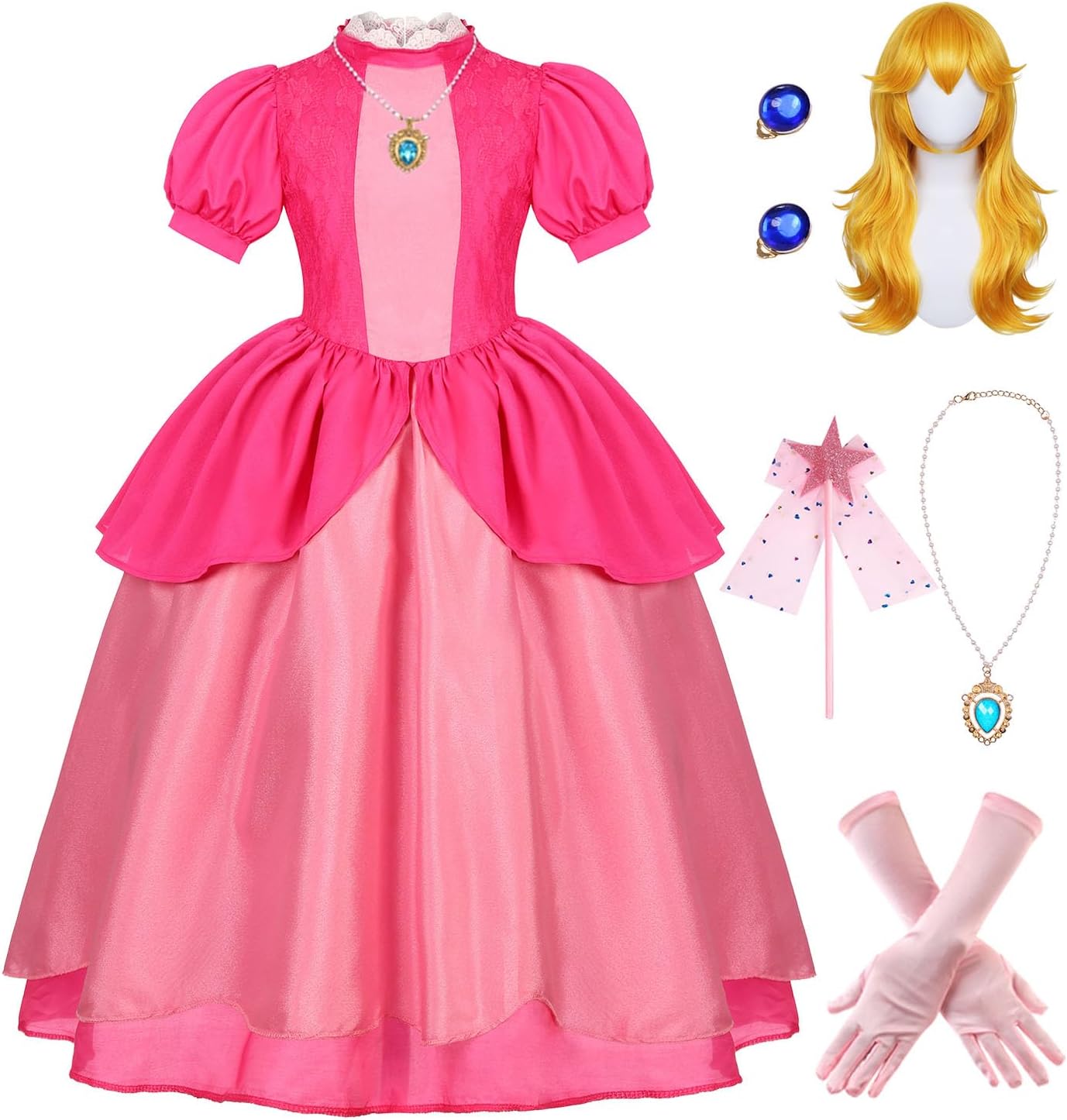 Pink Princess Costume for Girls Kids Deluxe Fairytale Royal Dress with Wig Gloves Jewelry Wand Halloween Party Set