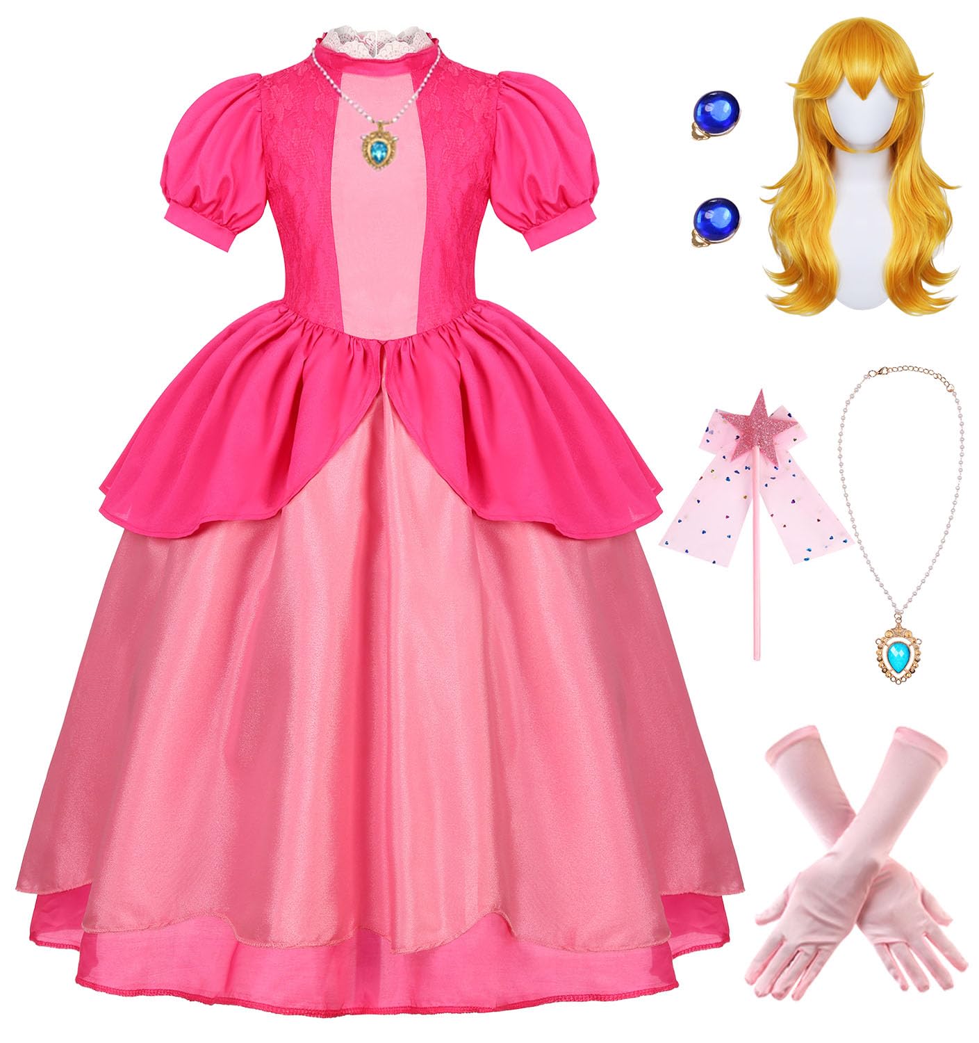 Miulruma Pink Princess Costume for Girls Kids Deluxe Fairytale Royal Dress with Wig Gloves Jewelry Wand Halloween Party Set - 2
