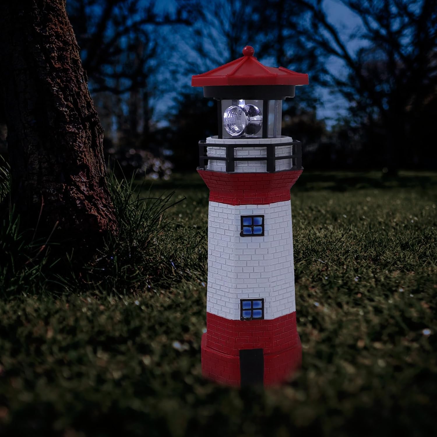 NUOBESTY Solar Powered Rotating LED Lighthouse Figurine for Garden and Patio, Large Red Resin Outdoor Landscape Light with Solar Panel and Iron Hardware