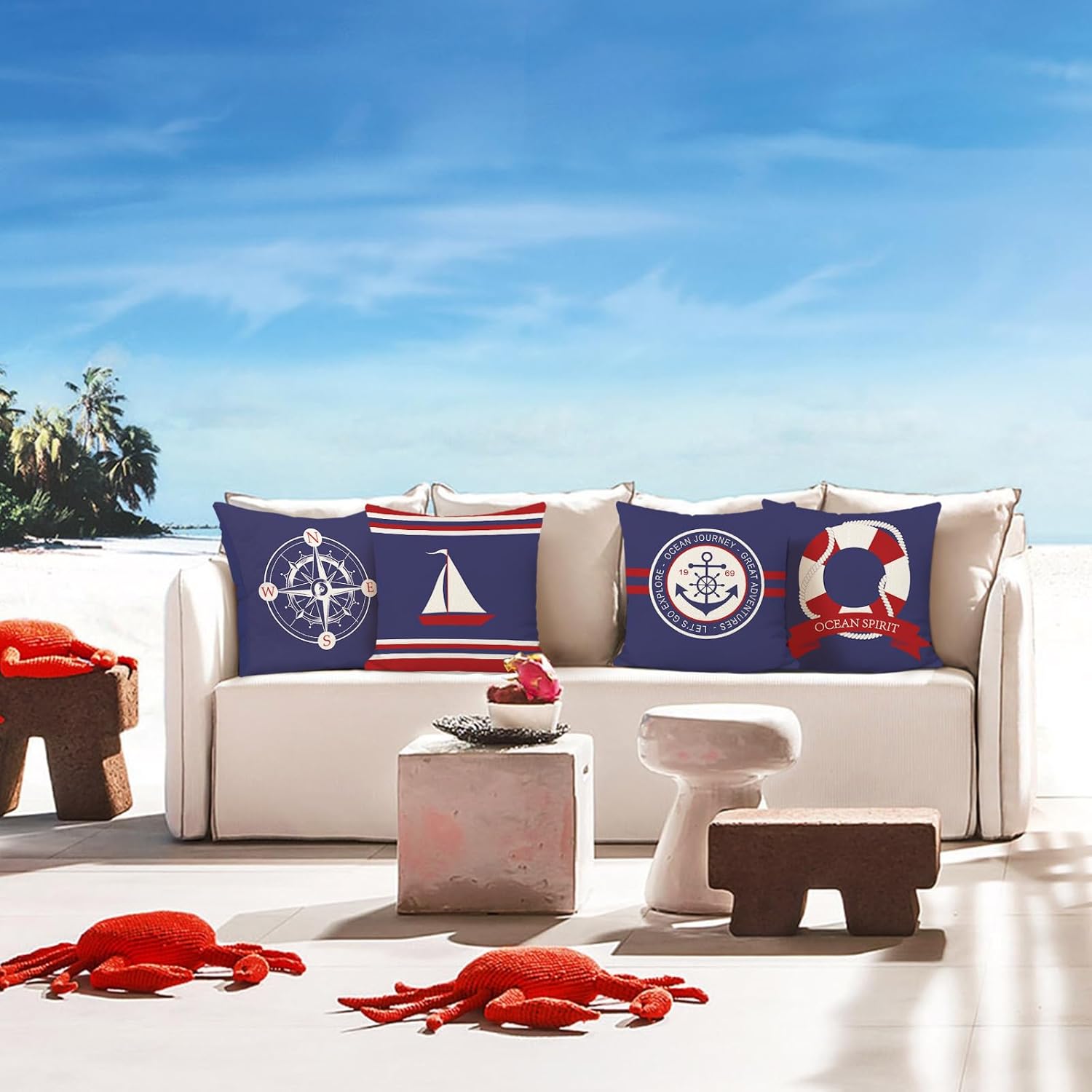 Bonhause Nautical Sailing Pillow Covers 18x18 Inch Set of 4 Two Sides Navy Blue Anchor Compass Sailboat Decorative Throw Pillow Cases Cotton Linen for Sofa Couch Bed Home Decor - Image 4