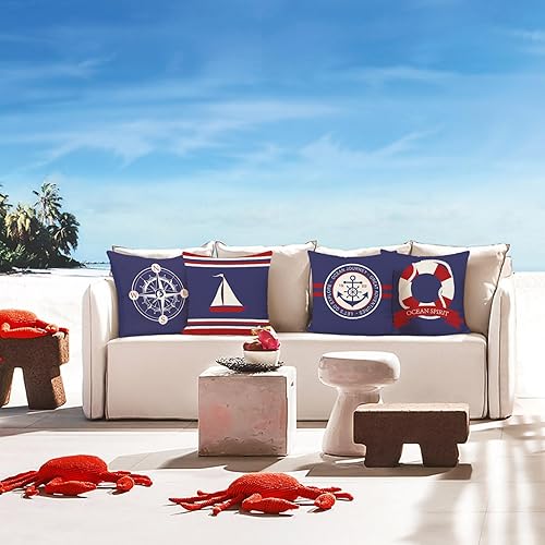 Miniatura 4 de Bonhause Juego de 4 fundas de almohada de vela náutica de 18 x 18 pulgadas, de dos lados, azul marino, brújula, velero, fundas de almohada