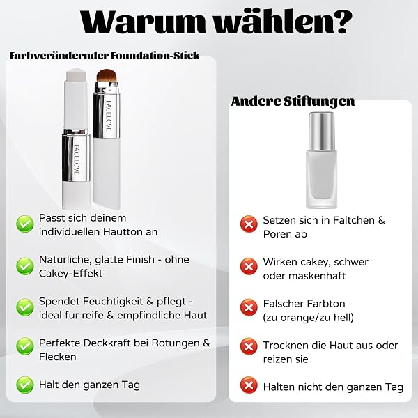FACELOVE Foundation Stick mit Pinsel, Intelligente Farbwechsel Foundation für Reife Haut, 2-in-1 Makeup Stick mit LSF 15, Deckendes Make Up für ein natürliches Strahlen (Natürlich) - 5