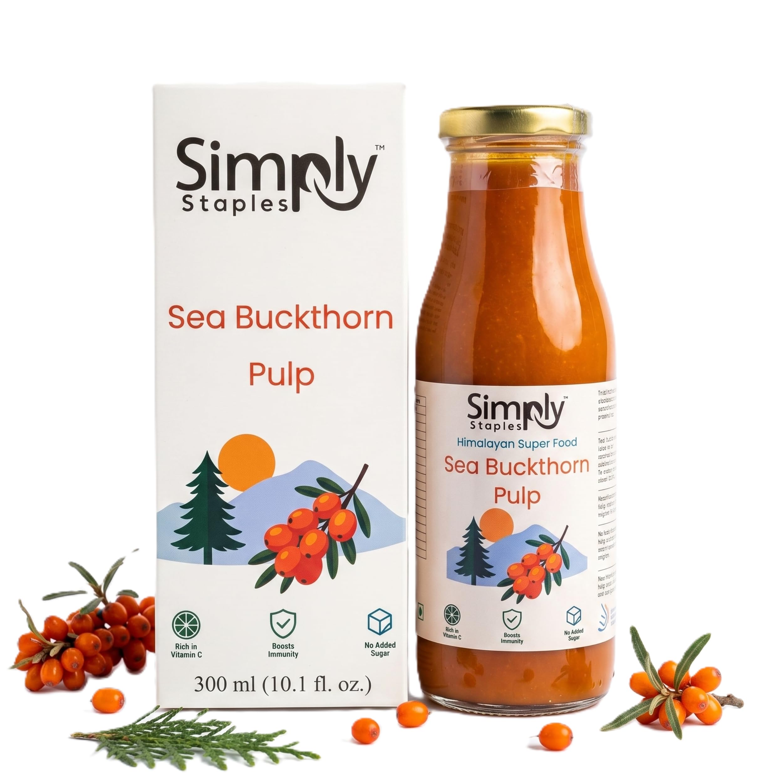 Simply Staples Sea Buckthorn Pulp 300ml, Himalayan Superfood juice, and Harvested Himachal Berry, Natural Vitamin C and Omega 3 6 7 9, No Added Sugar, Skin Glow Immunity Hair Gut Health, Seabuckthorn Vegan