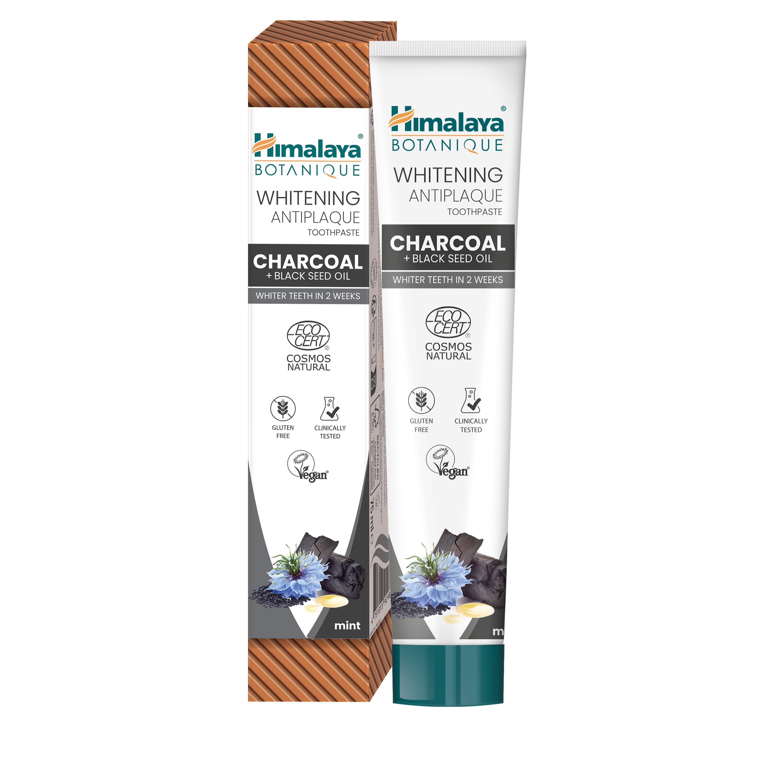Ecocert Cosmos Natural Certified Himalaya Botanique Whitening Antiplaque Toothpaste with Organic Actives, Charcoal + Black Seed Oil for Brighter Teeth | Vegan, Fluoride & Gluten Free, 75 ml