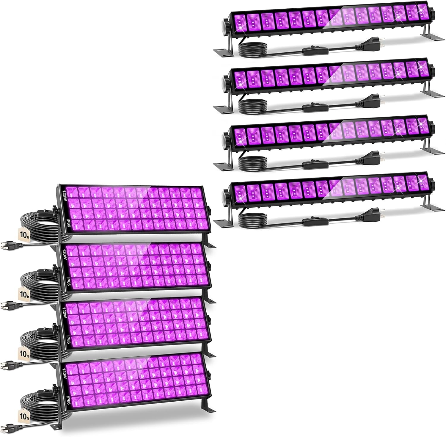 4 Pack 36W Black Light Bar & 4 Pack 120W Black Light Bar, IP66 Waterproof Blacklight Bars Black Lights for Glow Party, Fluorescent Poster, Body Paint, Halloween
