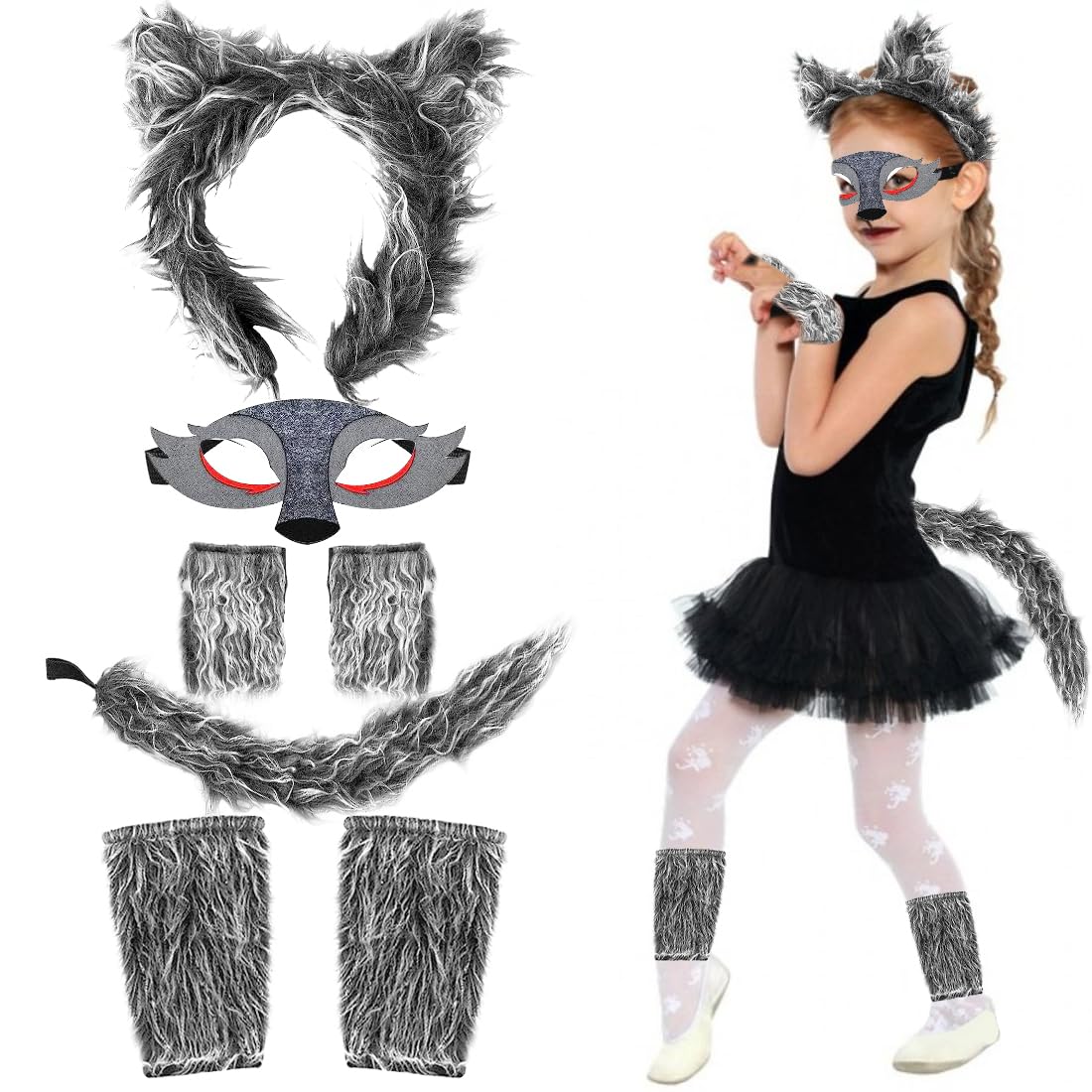 Disfraz Hombre Lobo Niño, Halloween Disfraz de Lobo Niño, Disfraz Animal Mascara de Lobo Diadema Cola y Pata, para Fiesta de Cumpleaños Cosplay Disfraz de Halloween Navidad Accesorios para Niños