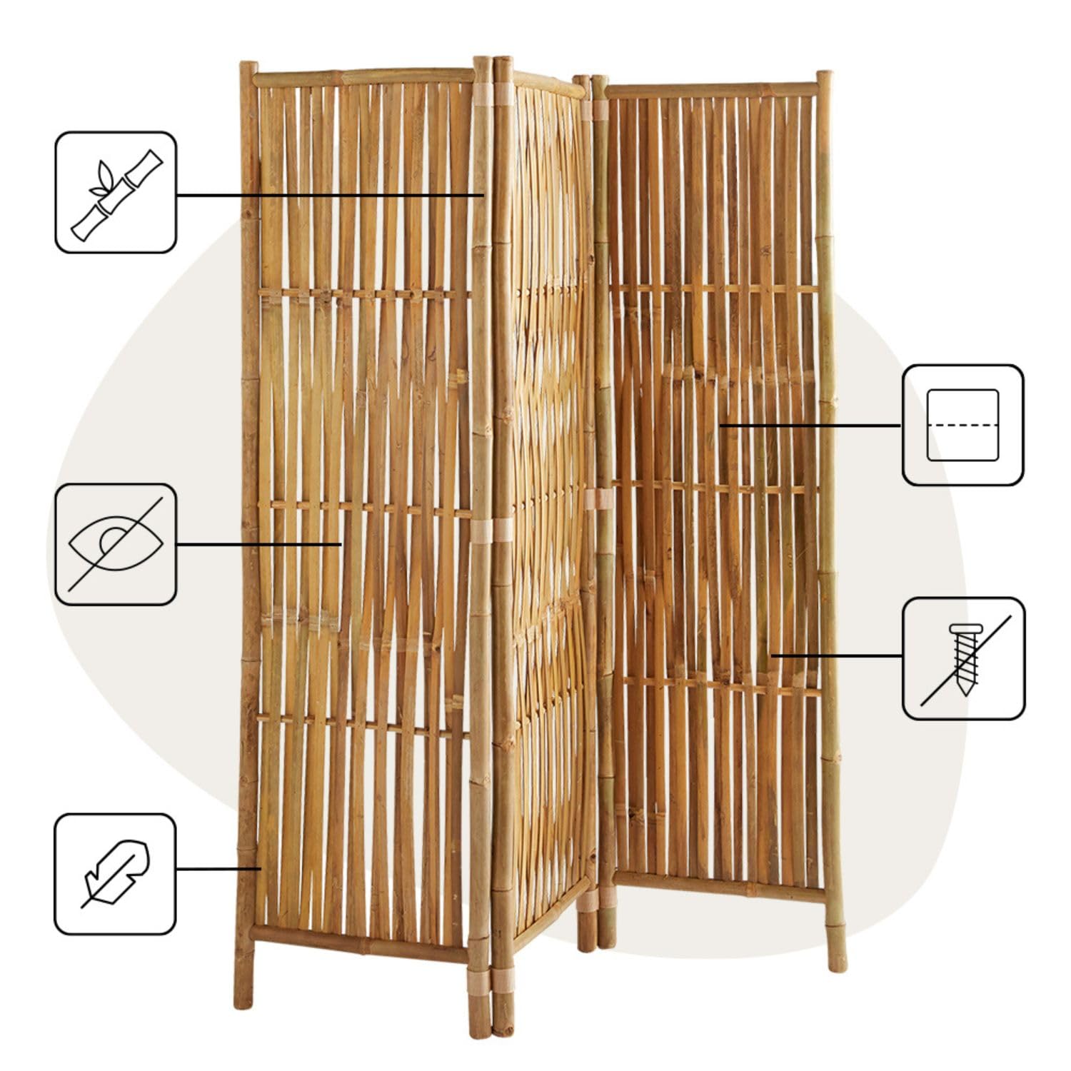 BOX AND BEYOND Biombo de Interior - 160 x 139 cm - Separador de ambientes en bambú Natural - Biombo de 3 Paneles - Biombo para Dormitorio, salón - Mampara móvil